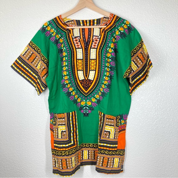 Dashiki Shirt African Print Large Green Short Sleeves Unisex top Festival - Picture 3 of 13